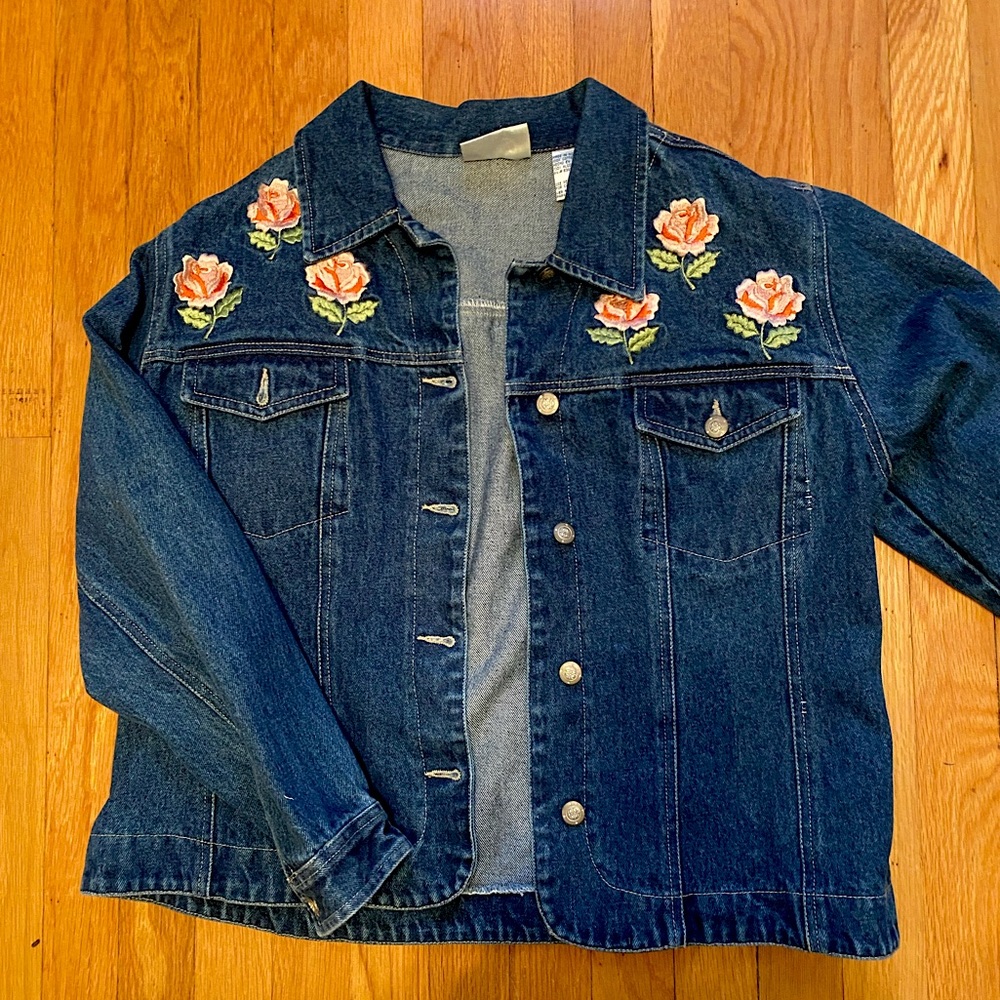 Vintage 90s Bill Blass Embroidered Flower Denim Jacket Petite Large